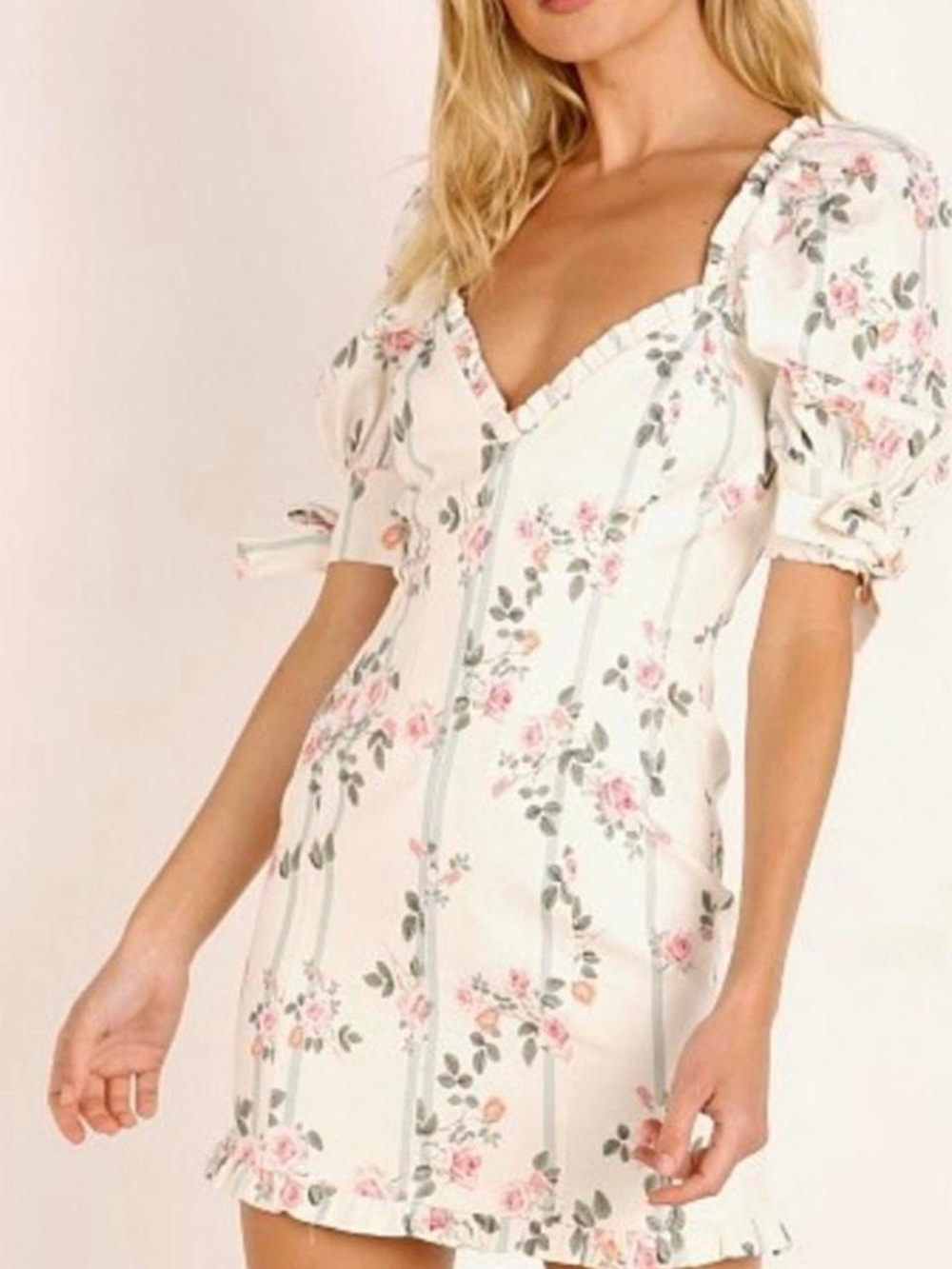 For Love & Lemons Cream Mini Dress with Pink Rose Print